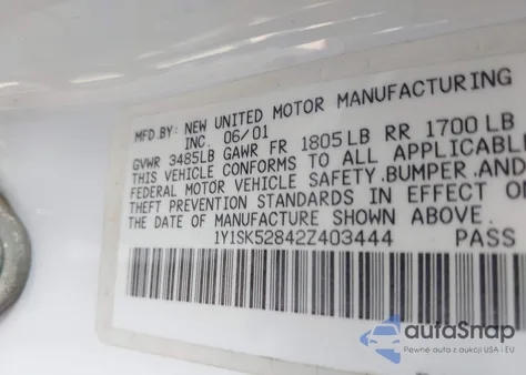 2002 Chevrolet Prizm z USA, uszkodzony, nr VIN 1Y1SK52842Z403444